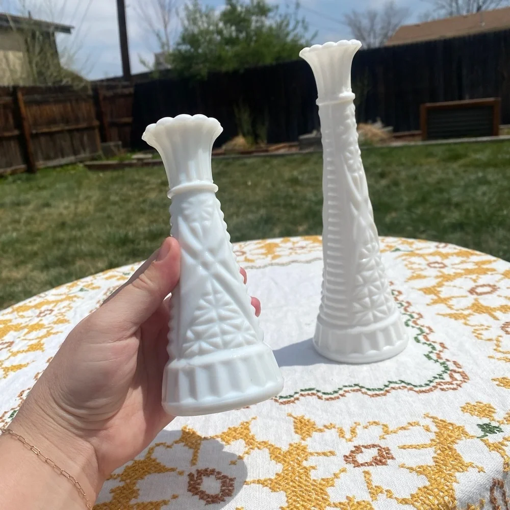 Vintage milk glass bud vase set of two